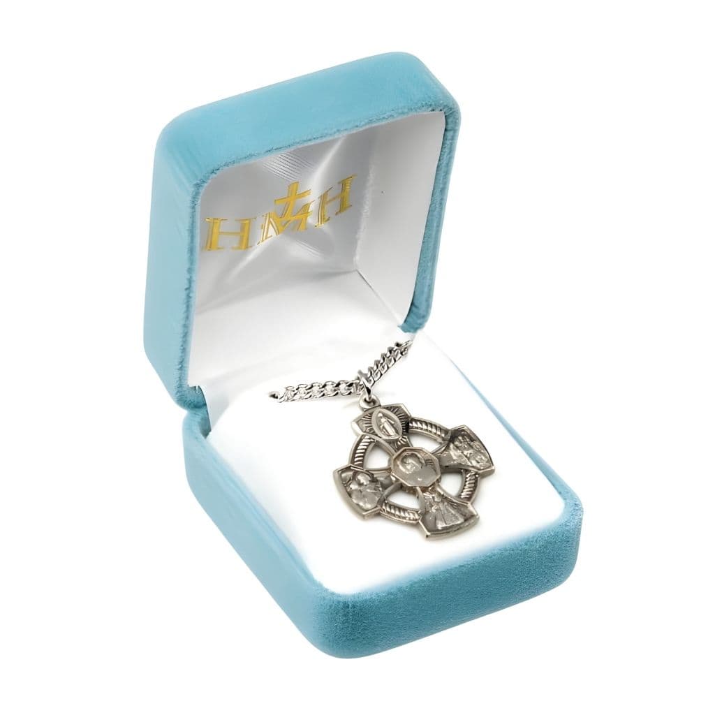 HMH Pierced 4-Way Cross with Halo and Sacred Heart of Jesus in Center Sterling Silver Medal Necklace with 24" stainless steel chain necklace, Measures 1.1" x 1.1" in Gift Box,