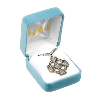 Pierced 4-Way Cross with Halo and Sacred Heart of Jesus in Center Sterling Silver Medal Necklace with 24" stainless steel chain necklace, Measures 1.1" x 1.1" in Gift Box, HMH Religious