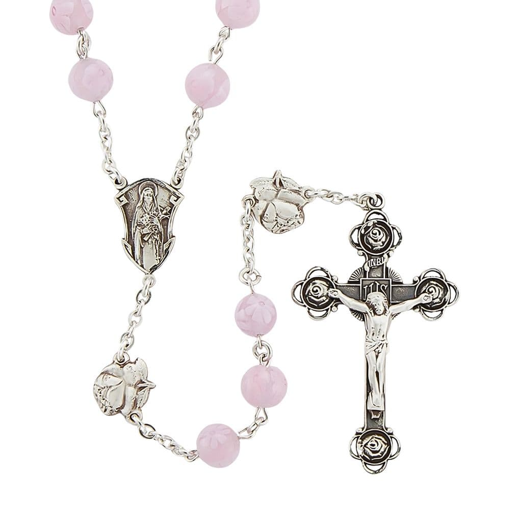 HMH Religious St. Therese 8mm Pink Floral Glass Sterling Silver Rosary with St. Therese Rosebud Our Father Beads and Rosebud Crucifix,