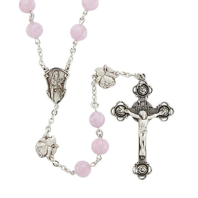 St. Therese 8mm Pink Floral Glass Sterling Silver Rosary with St. Therese Rosebud Our Father Beads and Rosebud Crucifix, HMH Religious