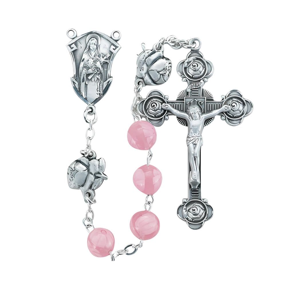 HMH St. Therese 8mm Pink Floral Glass Sterling Silver Rosary with St. Therese Rosebud Our Father Beads and Rosebud Crucifix,