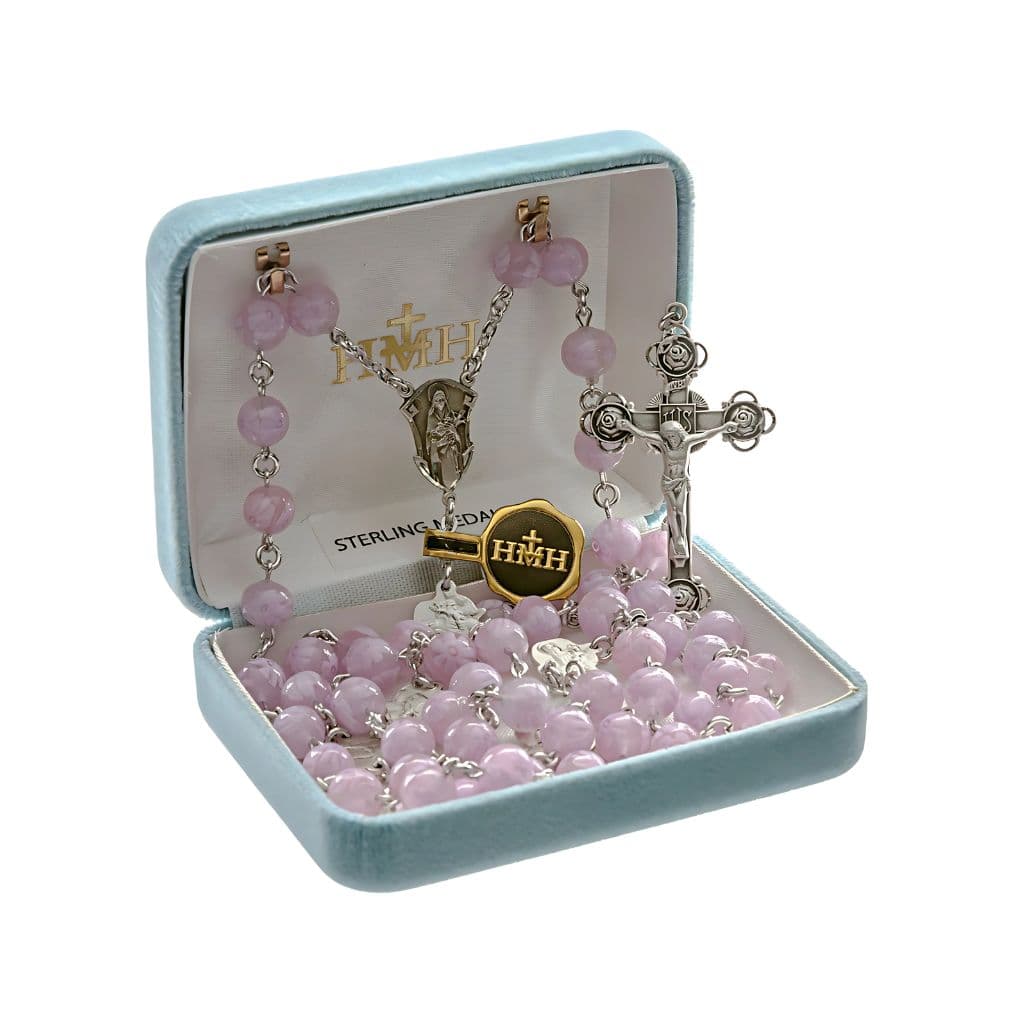 HMH Religious St. Therese 8mm Pink Floral Glass Sterling Silver Rosary with St. Therese Rosebud Our Father Beads and Rosebud Crucifix in Gift Box,