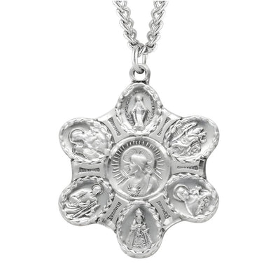7-Way Sterling Silver Miraculous Medal, Jesus Scapular, St. Christopher, St. Joseph, St. Jude, St. Anthony, and Infant Prague Medal with Stainless Silver Chain, Dimensions: 1.3" x 1.0", HMH Religious
