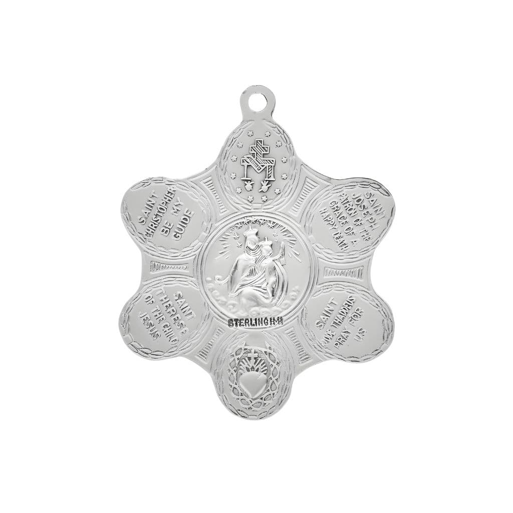 Back of HMH Religious 7-Way Sterling Silver Miraculous Medal, Jesus Scapular, St. Christopher, St. Joseph, St. Jude, St. Anthony, and Infant Prague Medal, Dimensions: 1.3" x 1.0" (32mm x 26mm).