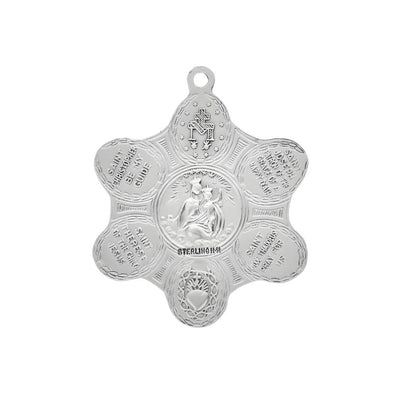 Back of 7-Way Sterling Silver Miraculous Medal, Jesus Scapular, St. Christopher, St. Joseph, St. Jude, St. Anthony, and Infant Prague Medal, Dimensions: 1.3" x 1.0" (32mm x 26mm), HMH Religious