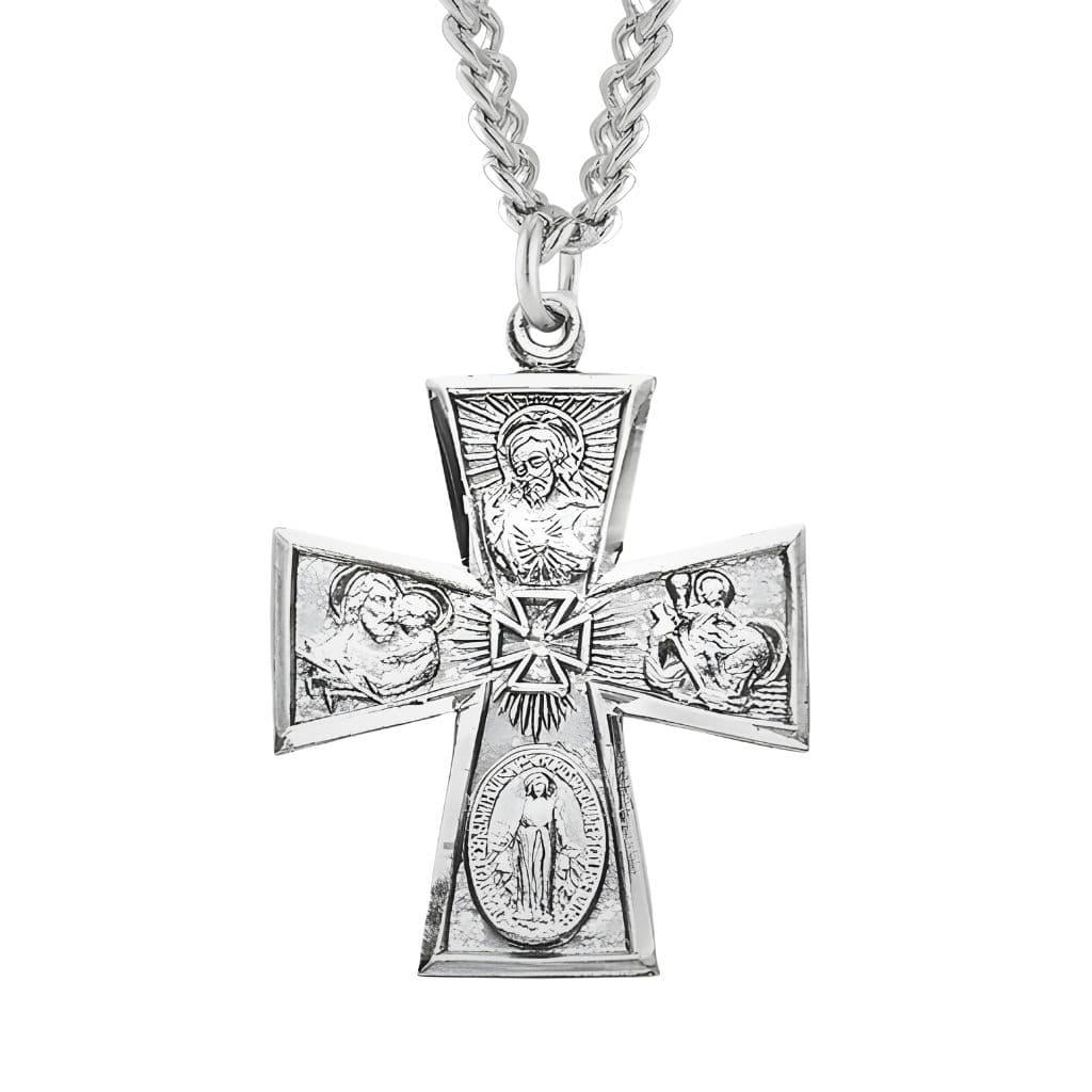 HMH Religious sterling silver Gothic four-way cross medal with 24" stainless steel chain necklace, Measures 1.2" x 0.9".