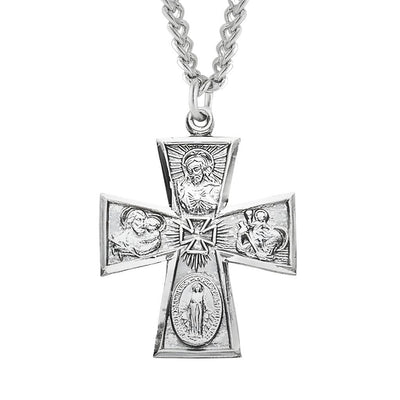 sterling silver Gothic four-way cross medal with 24" stainless steel chain necklace, Measures 1.2" x 0.9", HMH Religious
