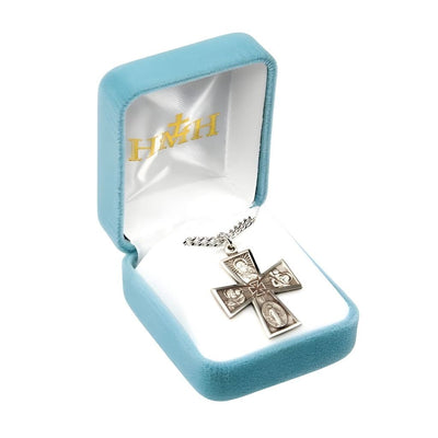 sterling silver Gothic four-way cross medal with stainless steel chain necklace, Measures 1.2" x 0.9" in Gift Box, HMH Religious