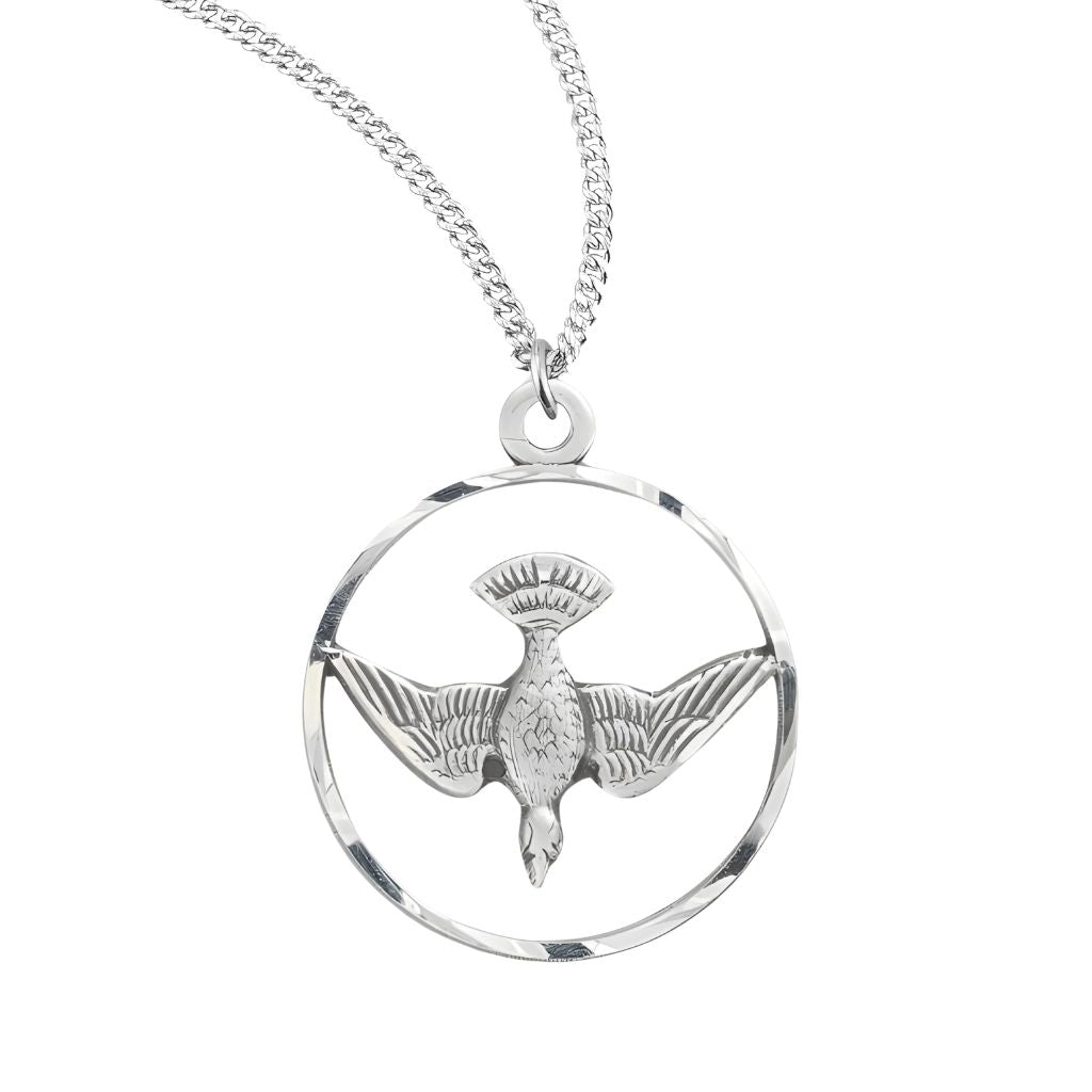 HMH Religious Open Circle with Holy Spirit Dove Confirmation Sterling Silver Medal Necklace with 18" Stainless Steel Chain, Measures 0.8" x 0.6"