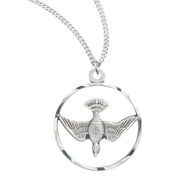 Open Circle with Holy Spirit Dove Confirmation Sterling Silver Medal Necklace with 18" Stainless Steel Chain, Measures 0.8" x 0.6", HMH Religious