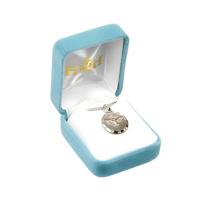 Holy Spirit Medal with Scalloped Edges Sterling Silver Medal Necklace with Stainless Steel 18" Chain. In gift box, HMH Religious