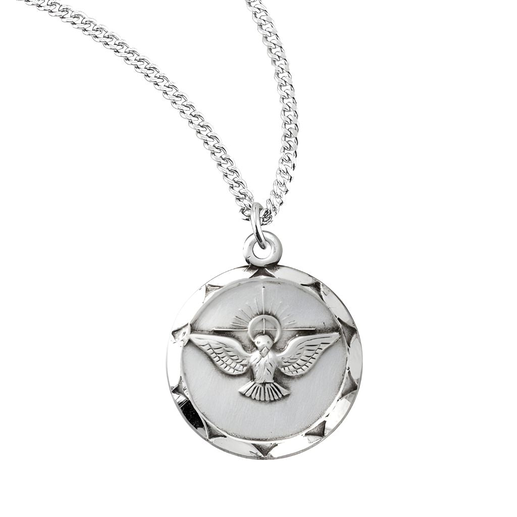 HMH Religious Holy Spirit Medal with Scalloped Edges Sterling Silver Medal Necklace with Stainless Steel 18" Chain. Made in USA.