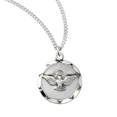 Holy Spirit Medal with Scalloped Edges Sterling Silver Medal Necklace with Stainless Steel 18" Chain. Made in USA, HMH Religious