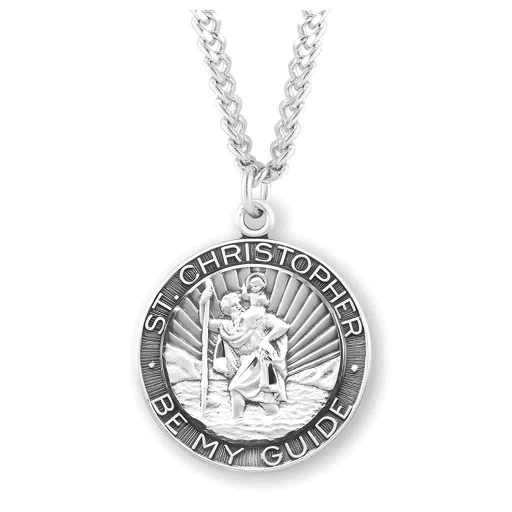 St. Christopher Be My Guide .925 sterling silver round medal necklace with 24" chain