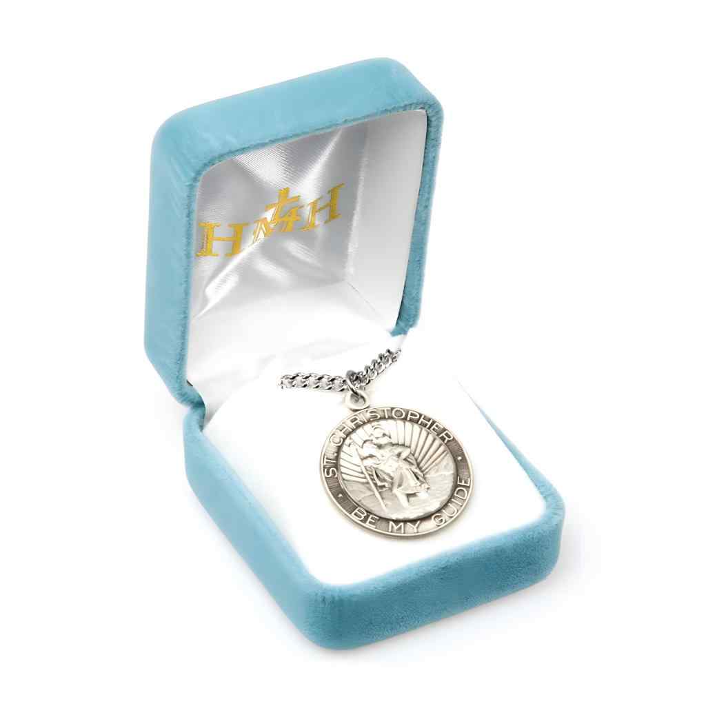 St. Christopher Be My Guide .925 sterling silver round medal necklace in gift box