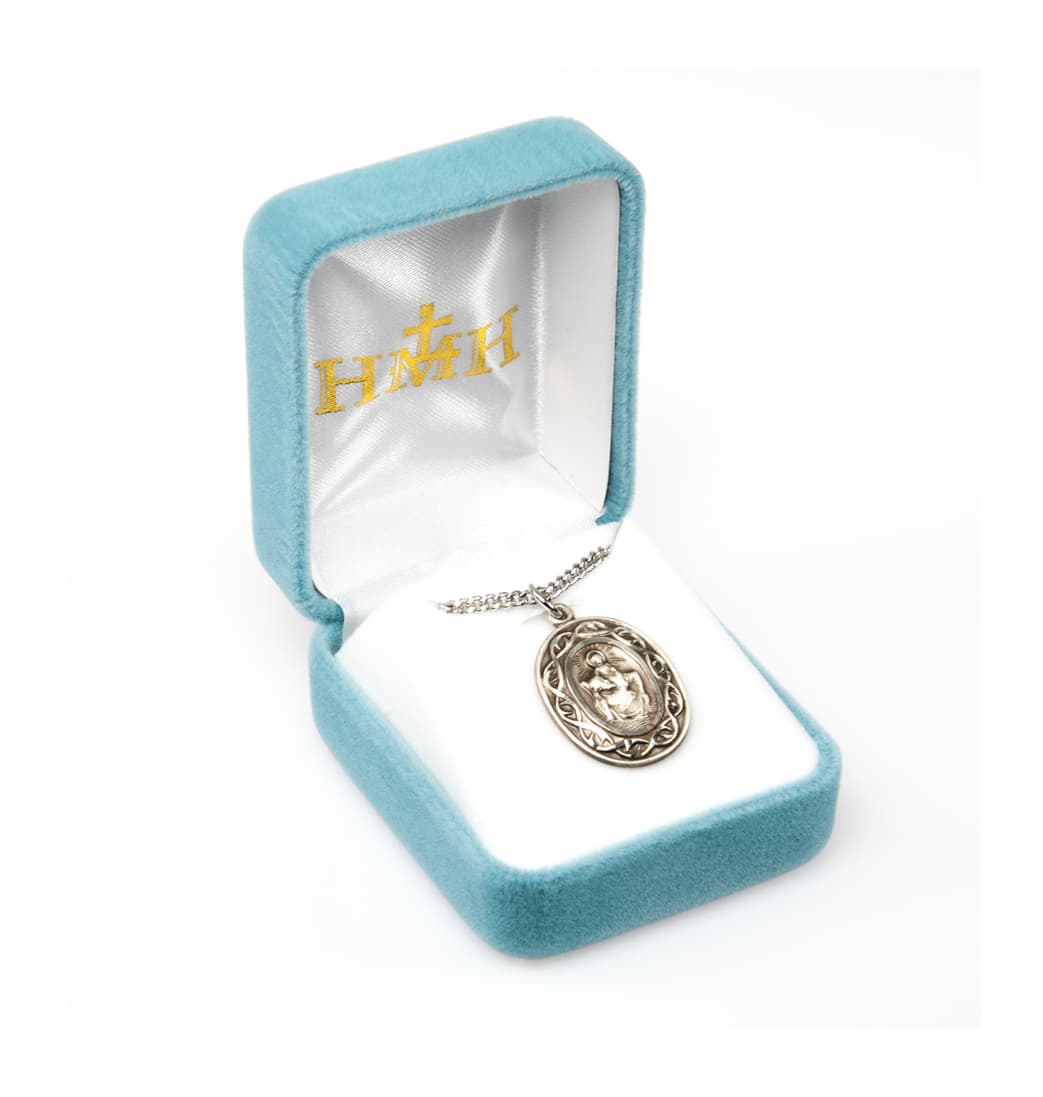 HMH Religious St Christopher Crown of Thorns Sterling Silver Medal Necklace in Box,