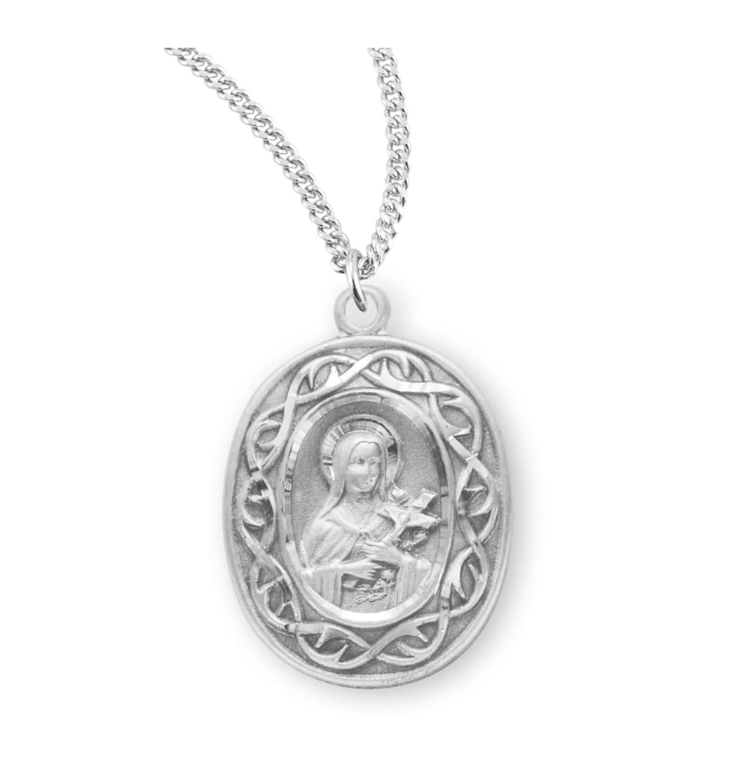 HMH Religious St Therese of Lisieux Crown of Thorns Sterling Silver Medal Necklace,