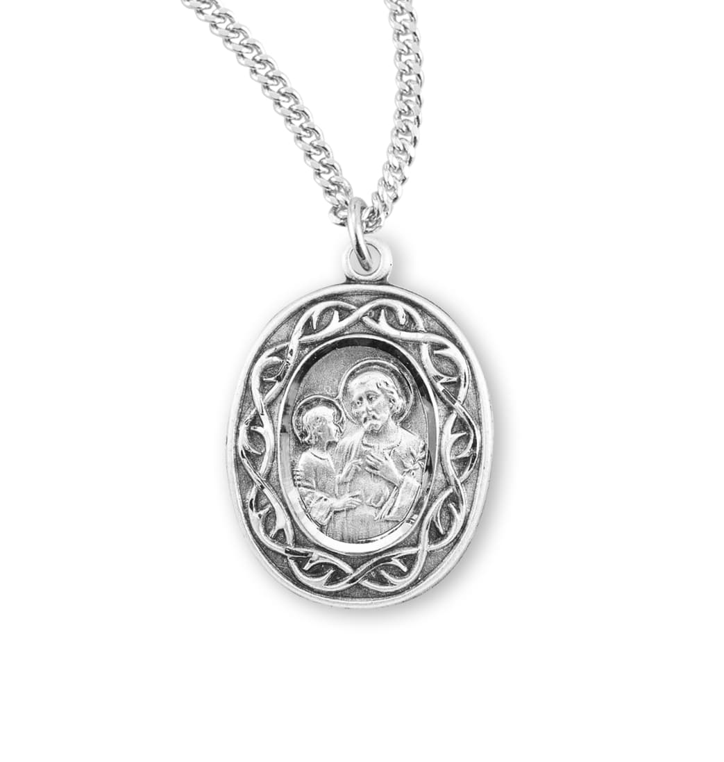 HMH Religious St Joseph Crown of Thorns Sterling Silver Medal Necklace with Chain,