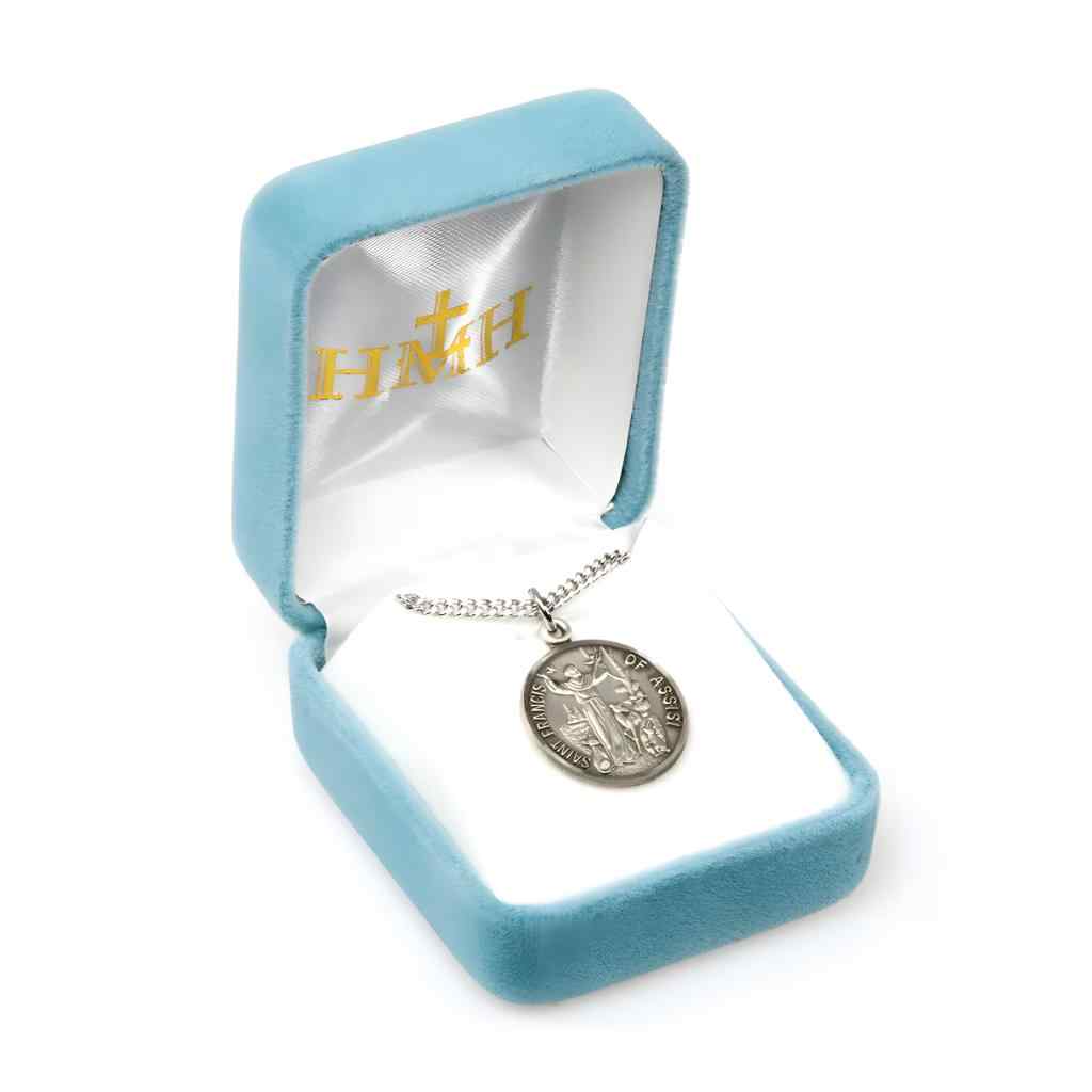 St. Francis of Assisi with animals .925 sterling silver medal necklace in gift box