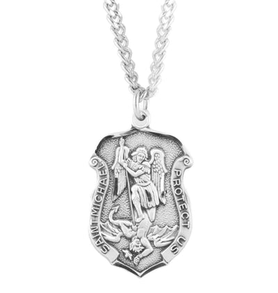 Large St Michael Badge Sterling Silver Medal Necklace w/ Plated Chain, HMH Religious