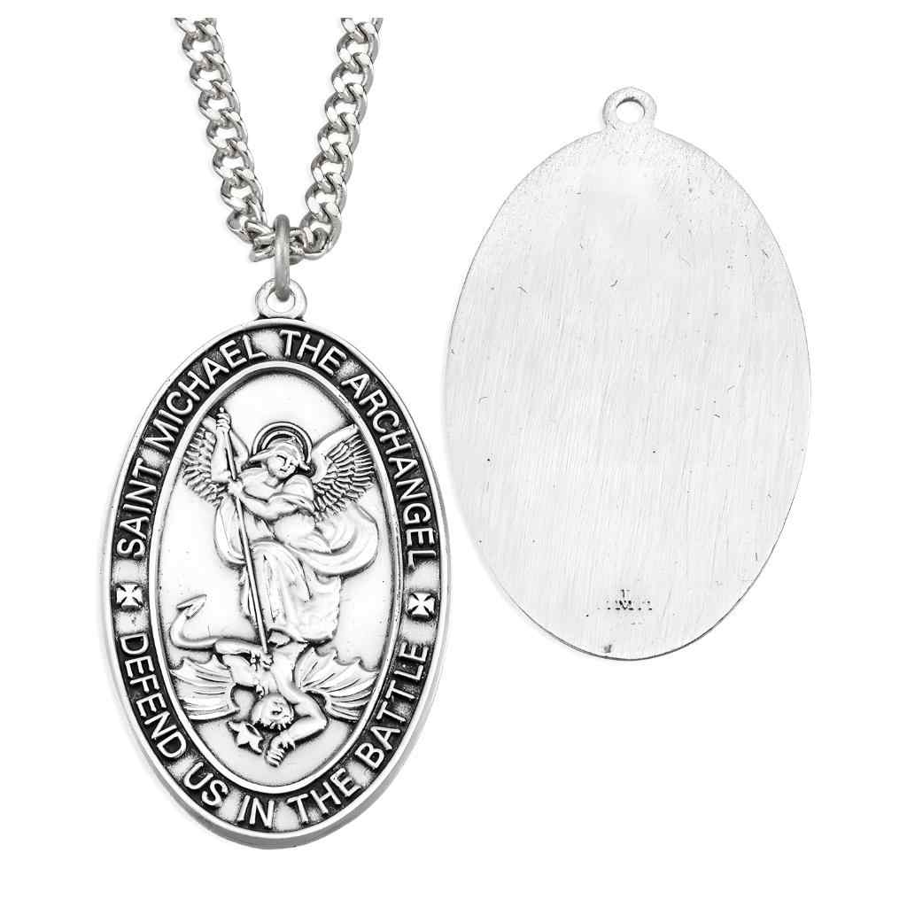 Saint Michael Oval Sterling Silver Medal with 24" Stainless Steel Chain, Says, Saint Michael Archangel defend us in the Battle (view 1)