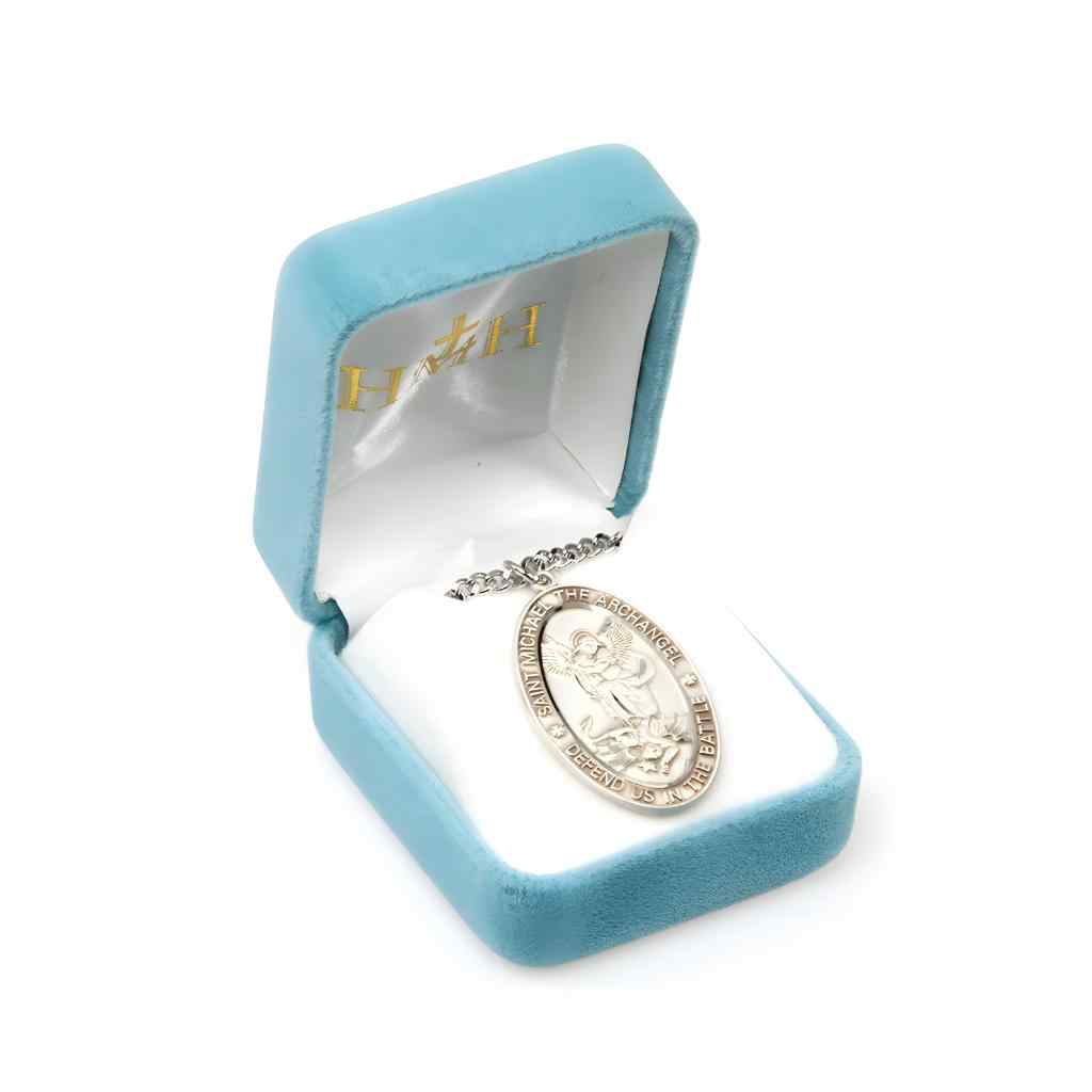 Saint Michael Oval Sterling Silver Medal with 24" Stainless Steel Chain, Says, Saint Michael Archangel defend us in the Battle in gift box (view 3)