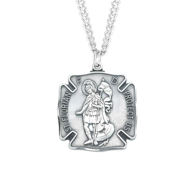 St. Florian Maltese Cross Fire Fighters Sterling Silver Medal with Stainless Steel Chain, Measures 1.1" x 0.9", HMH Religious