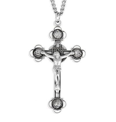 Rose Bud Design Sterling Silver Medal Crucifix with Chain, HMH Religious