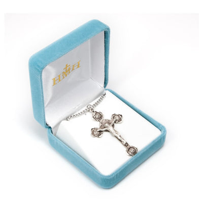 Rose Bud Design Sterling Silver Medal Crucifix in Box, HMH Religious
