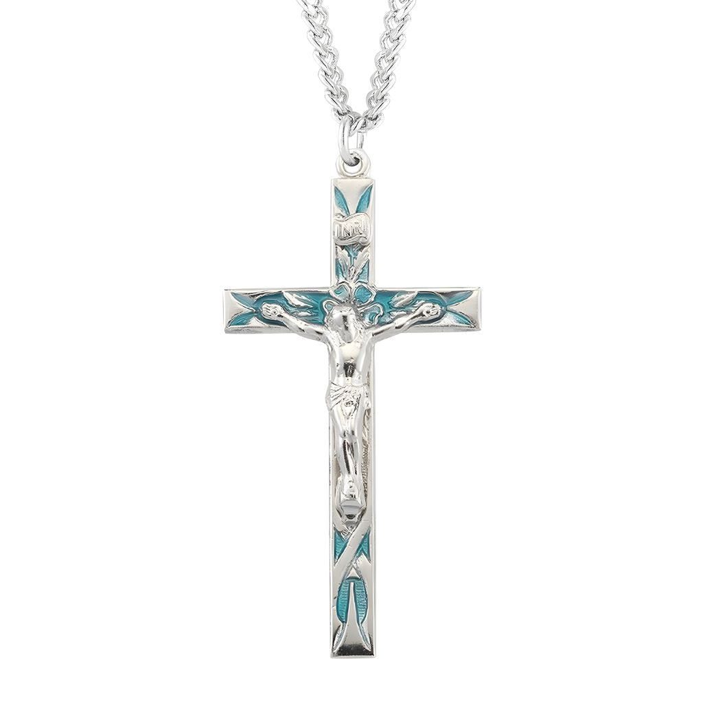 HMH Religious High Polished Blue Enameled Sterling Silver Crucifix with 24" Chain, measures 2.2" x 1.1".