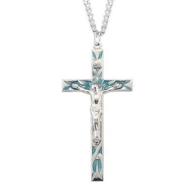 High Polished Blue Epoxy Sterling Silver Crucifix with 24" Chain, measures 2.2" x 1.1", HMH Religious