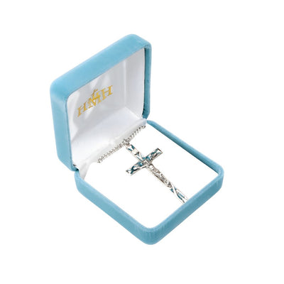 High Polished Blue Epoxy Sterling Silver Crucifix with 24" Chain, measures 2.2" x 1.1", comes in gift box, HMH Religious