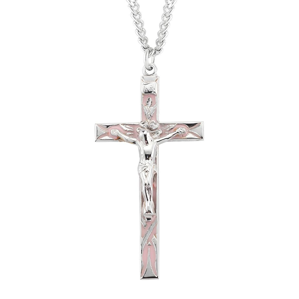 HMH Religious High Polished Pink Enameled Sterling Silver Crucifix with 24" Chain, measures 2.2" x 1.1".
