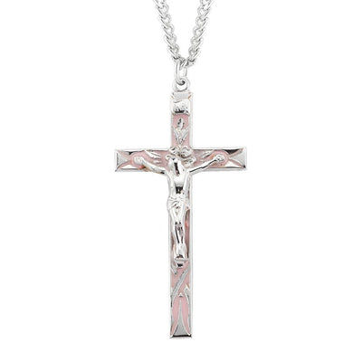 High Polished Pink Epoxy Sterling Silver Crucifix with 24" Chain, measures 2.2" x 1.1", HMH Religious