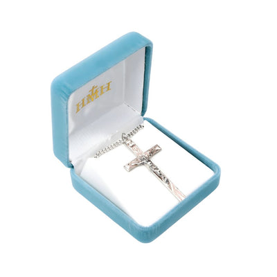 High Polished Pink Epoxy Sterling Silver Crucifix with 24" Chain, measures 2.2" x 1.1" in gift box, HMH Religious