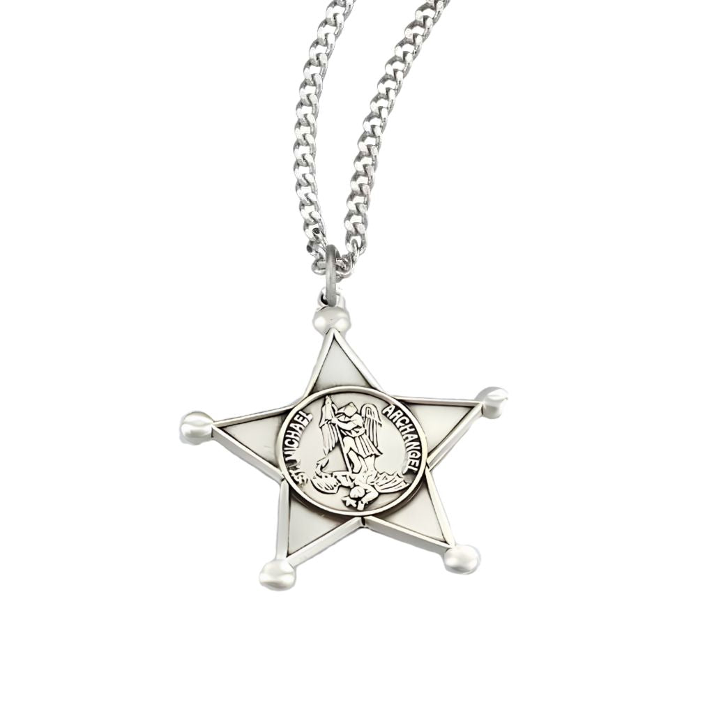 Deputy Star Badge with St. Michael defeating the devil with 24" stainless steel chain (view 1)