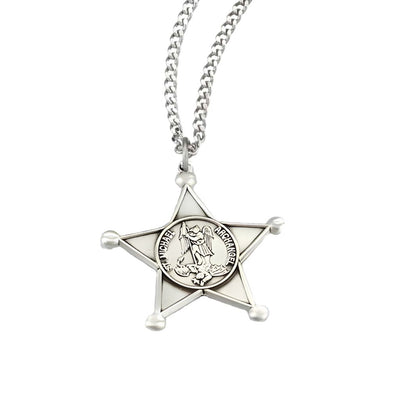 Deputy Star Badge with St. Michael defeating the devil with 24" stainless steel chain (view 1)