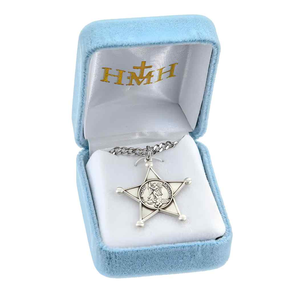 Deputy Star Badge with St. Michael defeating the devil with 24" stainless steel chain in gift box (view 2)
