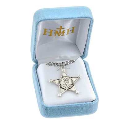 Deputy Star Badge with St. Michael defeating the devil with 24" stainless steel chain in gift box (view 2)