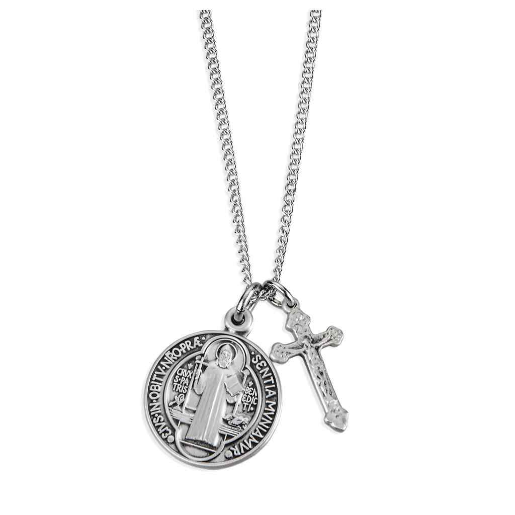 St. Benedict & Crucifix Sterling Silver Medal Necklace with a 18-inch chain and gift box