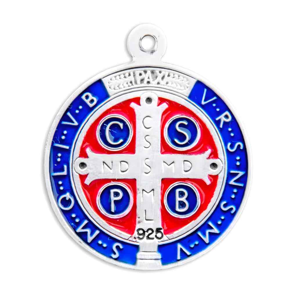 Back of the Large Jubilee St. Benedict Blue & Red epoxy Sterling Silver Medal. Made in USA by HMH Religious (view 3)