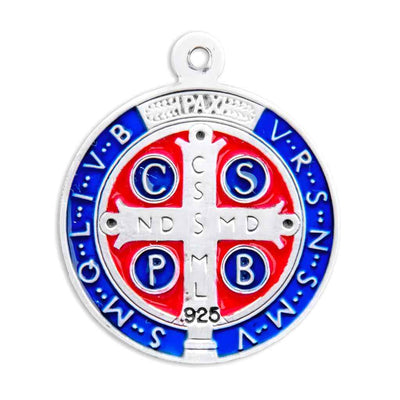 Back of the Large Jubilee St. Benedict Blue & Red epoxy Sterling Silver Medal. Made in USA by HMH Religious (view 3)
