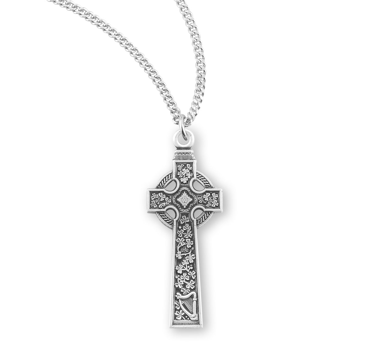 HMH Irish Celtic Cross w/Clovers Sterling Silver Pendant Necklace