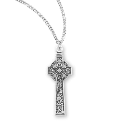 Irish Celtic Cross w/Clovers Sterling Silver Pendant Necklace, HMH Religious