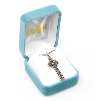 Irish Celtic Cross w/Clovers Sterling Silver Pendant Necklace in Box, HMH Religious
