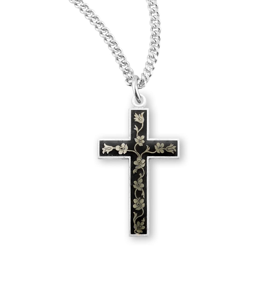 HMH Religious Black Enameled Sterling Silver Floral Crucifix Necklace,