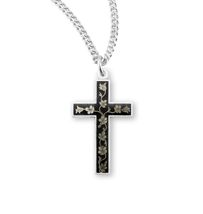 Black Epoxy Sterling Silver Floral Crucifix Necklace, HMH Religious