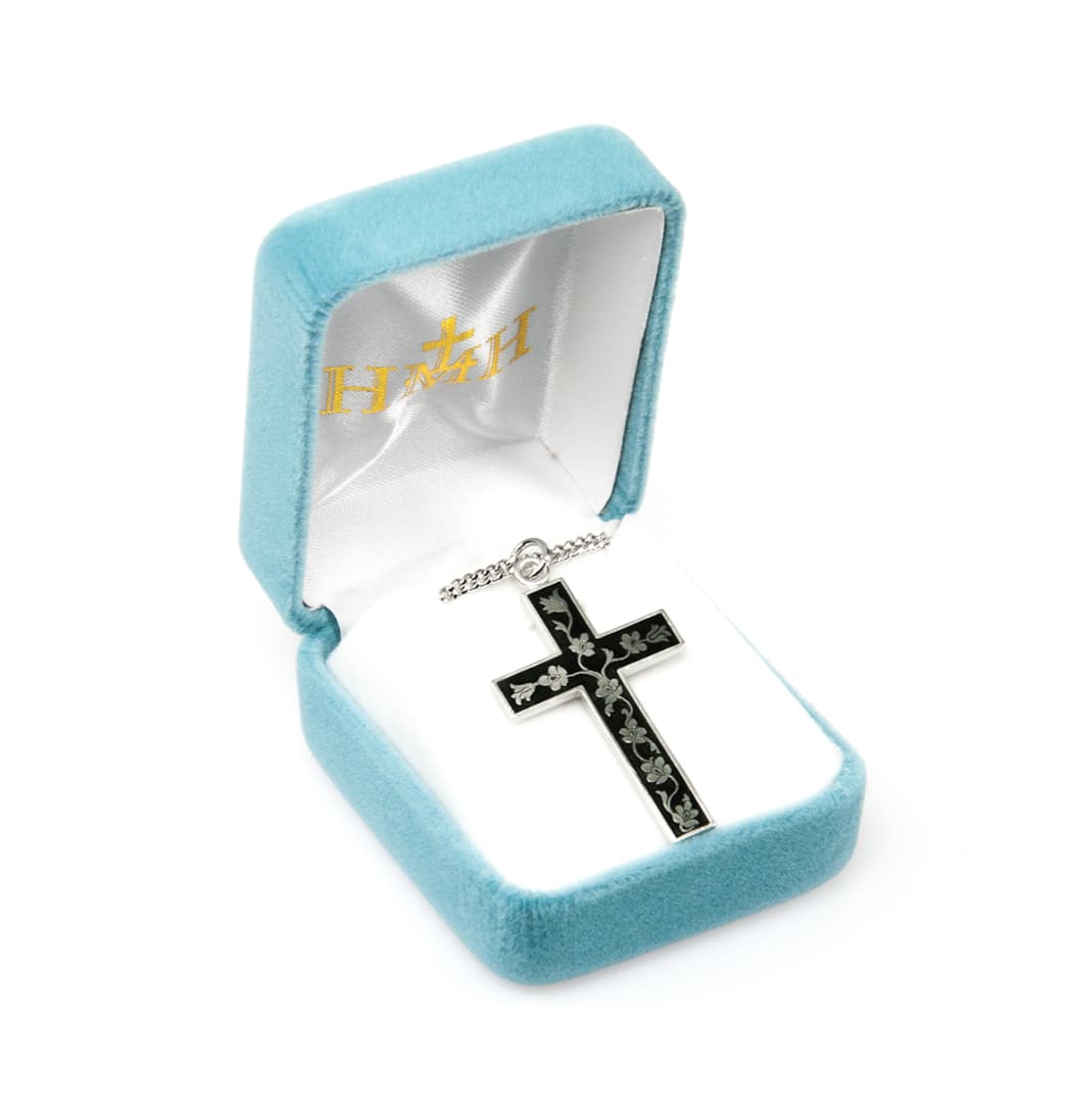 HMH Religious Black Enameled Sterling Silver Floral Crucifix Necklace in Box,