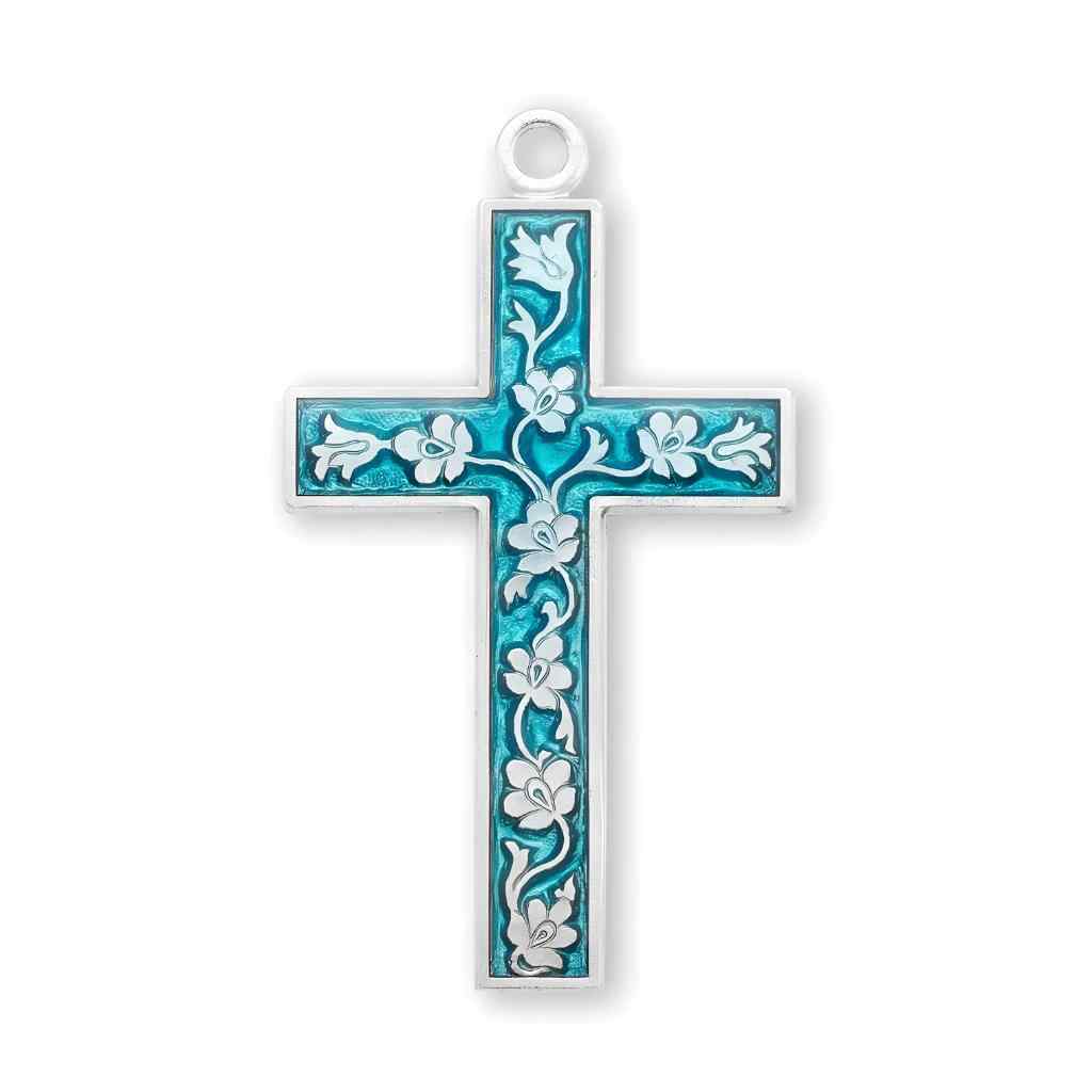 HMH Religious Floral Blue Epoxy Sterling Silver Cross Necklace with 18" stainless steel chain, HMH Religious (view 2)