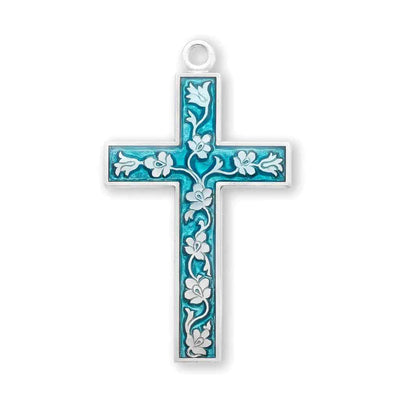 HMH Religious Floral Blue Epoxy Sterling Silver Cross Necklace with 18" stainless steel chain, HMH Religious (view 2)
